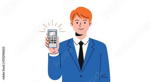 Illustration of Man Presenting a Digital Calculator in a Business Setting