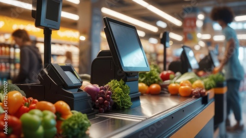 Checkout line with fresh produce and modern scanners