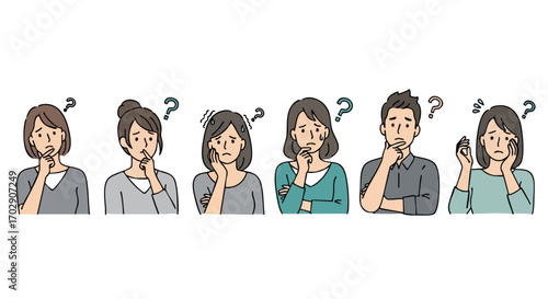 Diverse Group of People Pondering with Question Marks Vector Illustration
