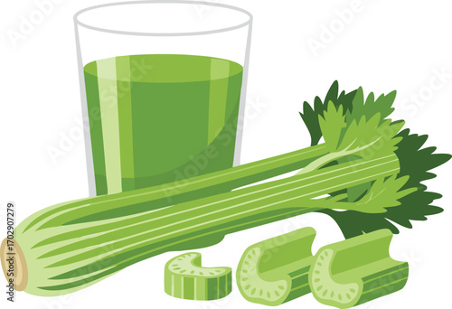 Fresh Green Celery Juice with Whole and Sliced Stalks – Healthy Detox Beverage Illustration