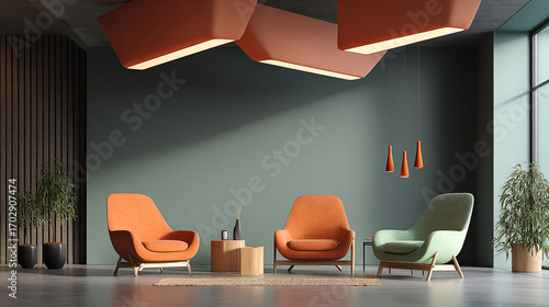 Modern corporate interior features soft lighting. Orange accents complement the green wall. Ideal for video backgrounds, branding, zoom, or virtual meetings.