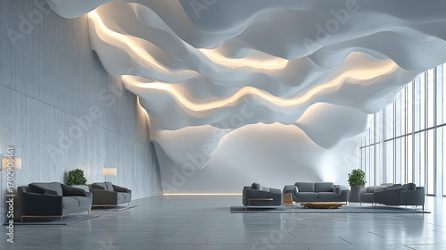 Gray modern interior, features smooth surfaces, soft lighting. Ideal for corporate branding, virtual background, or office zoom meetings.