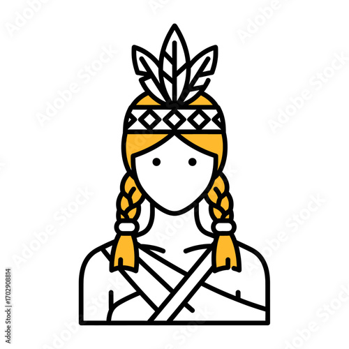 Native american woman simplified line art indigenous heritage tribal headdress culture high quality professional