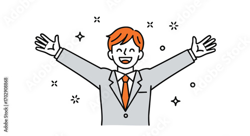 Joyful businessman celebrating success with open arms radiating positivity and achievement