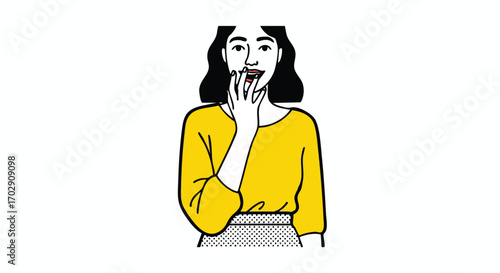 Surprised woman with hand over mouth, wide eyes, and open mouth reacting with shock or delight