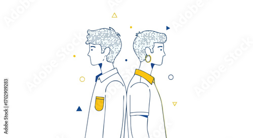Two stylish young men facing away, symbolizing connection and modern individuality in a vibrant design.