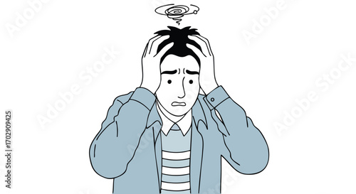 Man overwhelmed with stress holding head in hands, spiraling thoughts depicted above