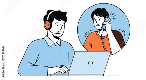 Helpdesk professional assisting stressed caller with urgent issue on laptop, providing excellent support today