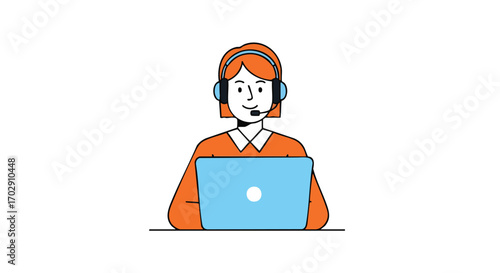 Friendly customer service representative smiling while working on a laptop with headset