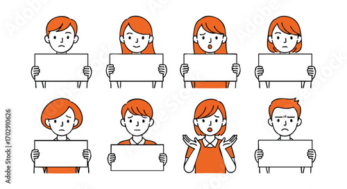 Diverse people express emotions while holding blank white signs for messages