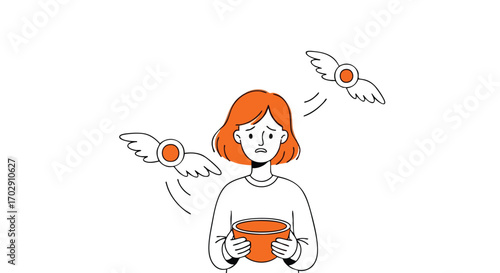Worried woman holding empty bowl with flying orange circles and wings above her head