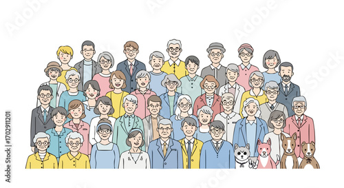 Diverse group of happy senior citizens with cute dogs gather together smiling warmly in a friendly illustration
