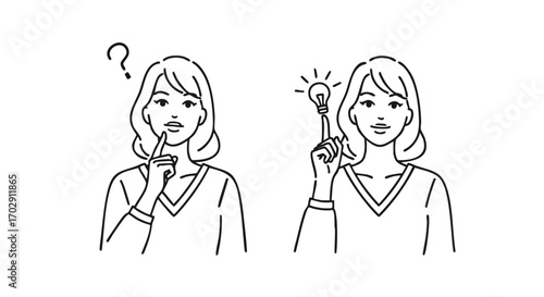 Woman pondering with question mark then having a brilliant idea with glowing lightbulb