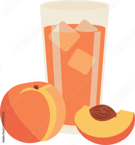 Fresh Peach Juice Glass with Ice Cubes and Whole Ripe Peaches in Flat Vector Illustration for Healthy Drink and Summer Beverage Design