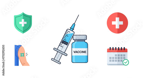 Vaccination Concept with Arm Bandage, Syringe, and Health Shield Icon