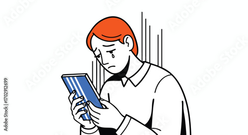 Man crying while looking at phone screen, feeling distressed and heartbroken by bad news