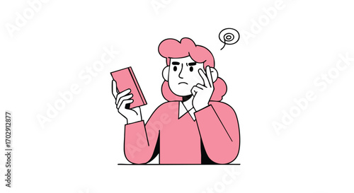 Confused woman holding phone, thinking hard with swirling thoughts above head, seeking answers
