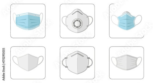 Vector Set of Face Mask Icons Including Surgical, Cloth, and N95 Respirators in Various Designs and Colors