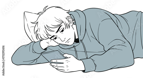 Young man relaxing in bed scrolling on his phone with a contemplative expression, enjoying quiet time