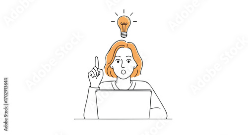 Woman with idea lightbulb above head, pointing finger, working on laptop, inspiration strikes