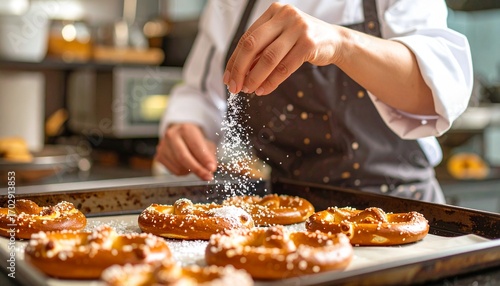 Close-up of a baker's hands sprinkling coarse salt as a final touch on freshly baked golden brown artisan pretzels on a baking sheet