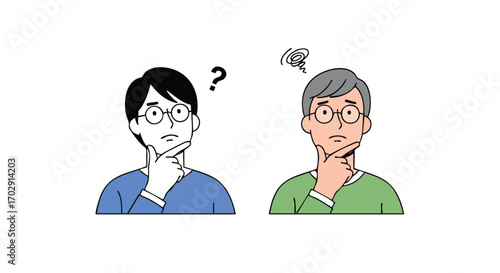 Confused men pondering questions in a minimalist style, representing doubt and decision-making