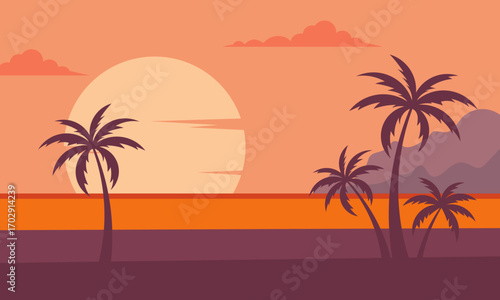 Palm Tree Silhouette Vector Illustration with Sunset View on Tropical Beach