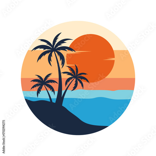 Tropical Sunset Beach with Palm Tree Silhouette Circle Vector