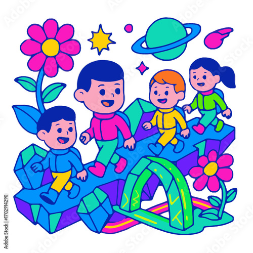 Surreal Fantastic Frontiers Vector with Cartoon Human Explorers in Neon Landscape