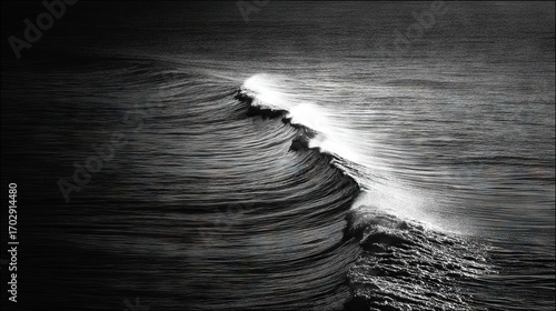 Ocean waves captured in dramatic lighting, concentrated at bottom third with solid black upper part, cinematic black and white seascape perfect for fine art and minimal design.