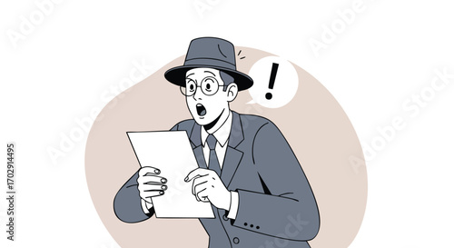 Shocked businessman discovers surprising news on paper, exclaims with astonishment and disbelief