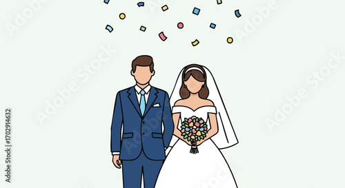 Joyful bride and groom celebrate their wedding day with colorful confetti falling