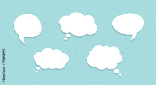 Blank white speech and thought bubbles float on a soft blue background, ready for your ideas.
