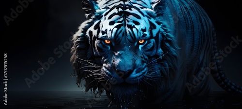 The black background contrasts sharply with the bright blue silver light emitted by white tiger, generative AI