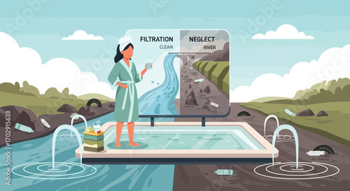 Visual contrast of clean water filtration versus the consequences of river pollution