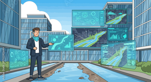 Futuristic urban planning presentation with augmented reality interfaces