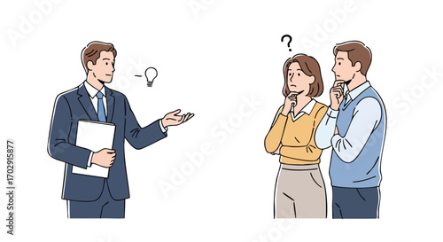 Business advisor presents innovative idea to a confused couple pondering next steps