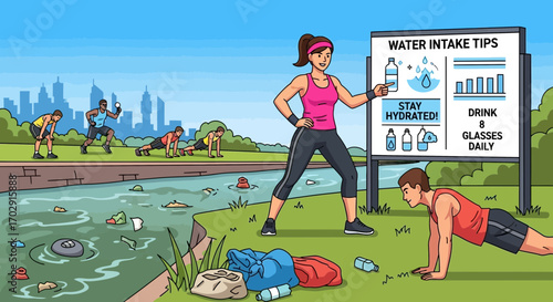 Fitness enthusiasts demonstrate water intake awareness near a polluted river scene