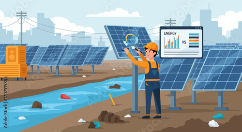 Solar panel engineer inspecting panel array with energy output chart in background