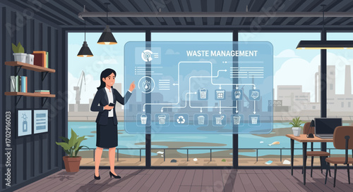 Businesswoman presenting waste management strategy in modern waterfront office