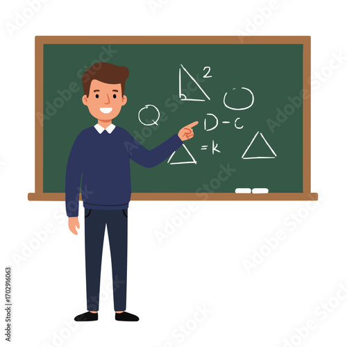 Math Teacher Vector,  Flat Illustration of Male Professor with Chalkboard