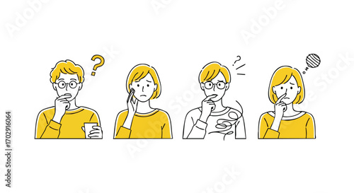 Diverse individuals ponder questions with concerned expressions, seeking answers and clarity