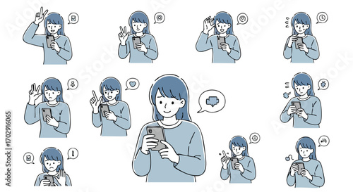 Young woman expresses diverse emotions and reactions while engaging with her smartphone and social media.