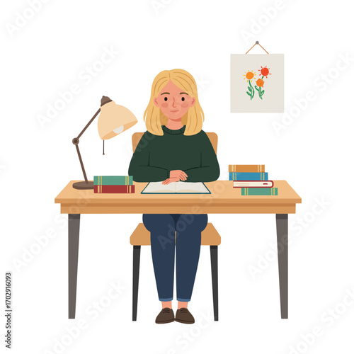 Woman Reading Book Vector ,Flat Illustration of Female Reader