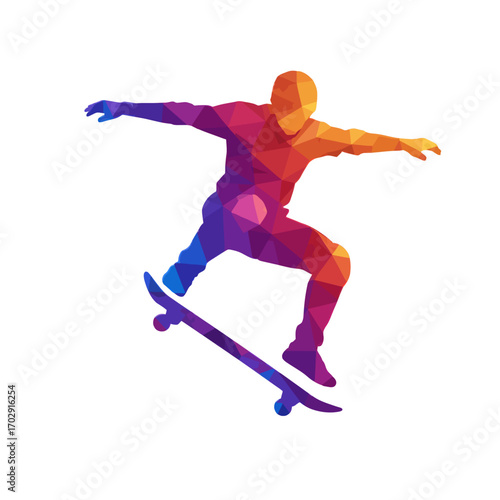 Skateboard Silhouette: A dynamic low poly silhouette of a skateboarder performing an impressive aerial maneuver, a vivid display of skill and urban adventure.