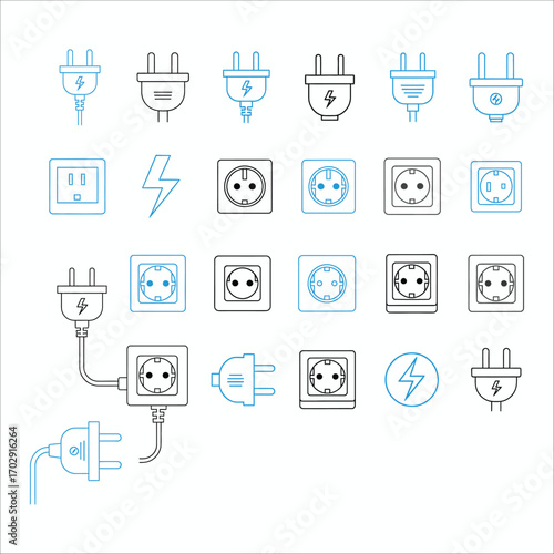 Collection of electrical plugs and sockets with lightning bolt icons and  power energy