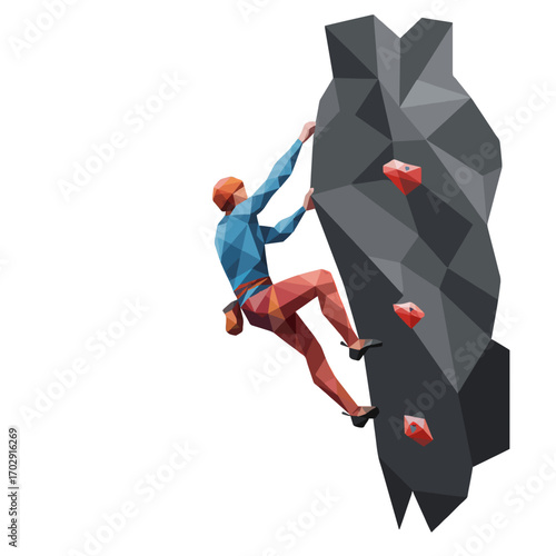 Reaching New Heights: An individual is conquering a jagged, stylized, climbing wall in a vibrant illustration of athletic endeavor and the pursuit of goals.