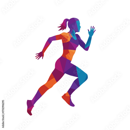 Dynamic Runner: A vibrant, polygonal artwork showcases a determined athlete in full stride, exuding energy, dedication, and the spirit of athletic prowess.