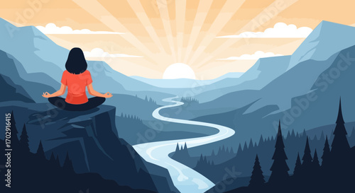 Serene Meditation on a Mountain Peak Above a Winding River at Sunrise