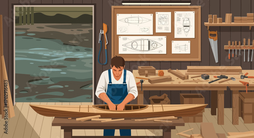 Man crafting a wooden kayak in a well-equipped workshop by the waterside